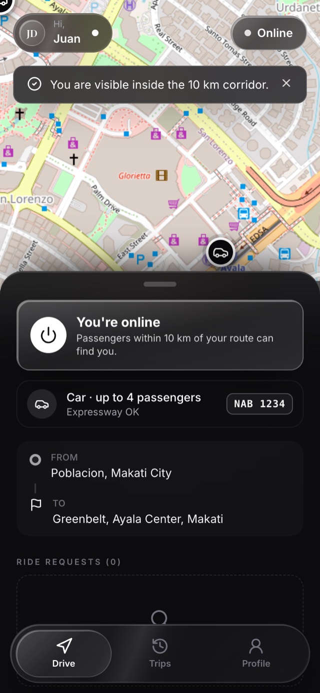 Kasabay Ride Share Driver app na online at nakikita sa loob ng 10 km corridor