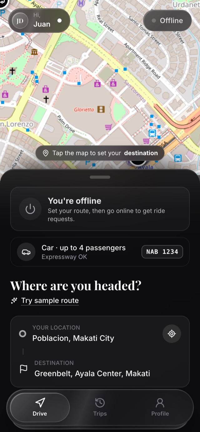 Kasabay Ride Share Driver app na may ruta mula Poblacion papuntang Greenbelt