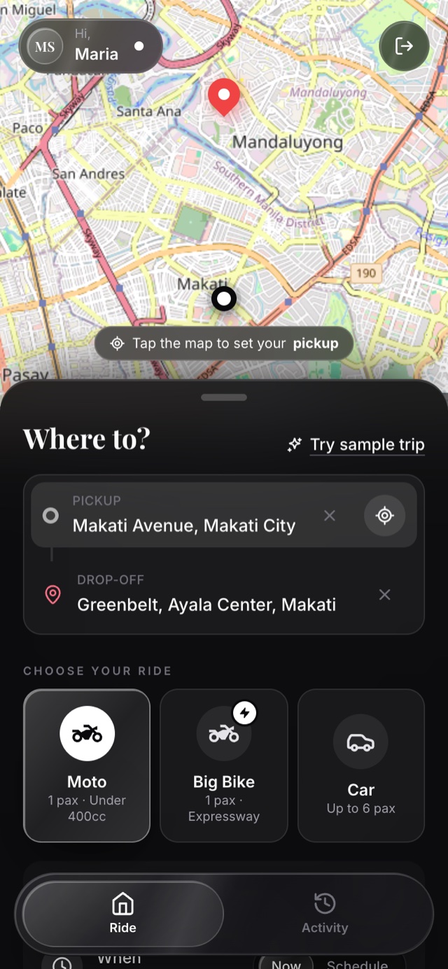Kasabay Ride Share Passenger app na may pickup sa Makati Avenue at drop-off sa Greenbelt