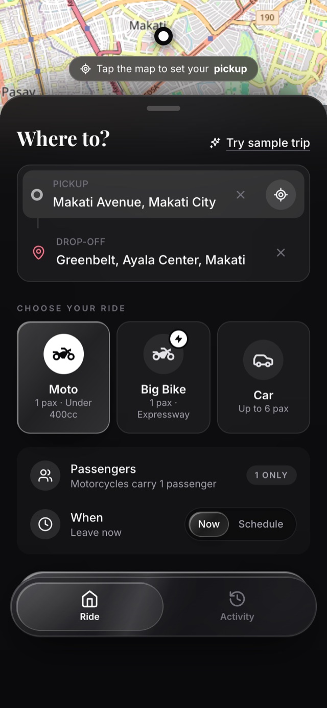 Kasabay Ride Share Passenger app na nagpapakita ng pagpipiliang motorcycle, big bike, at car